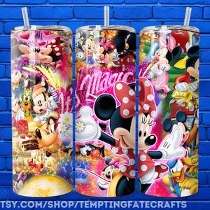 A collage of three colorful and vibrant Minnie Mouse-themed tumblers against a blue brick wall background.