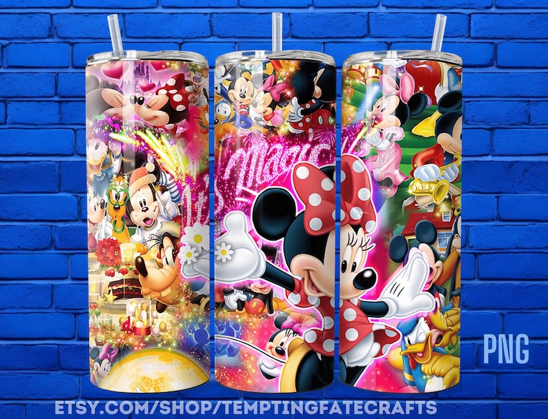 A collage of three colorful and vibrant Minnie Mouse-themed tumblers against a blue brick wall background.