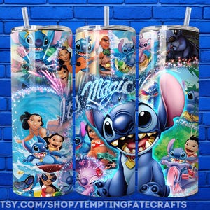 A collage of three colorful and vibrant straw tumblers featuring characters from the Disney movie Lilo & Stitch.