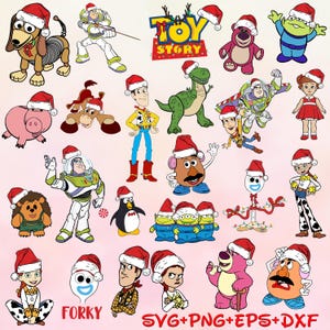 Puede incluir: Una colección de personajes de dibujos animados de la franquicia Toy Story, cada uno con un gorro de Papá Noel. Los personajes incluyen a Woody, Buzz Lightyear, Rex y otros. La imagen también incluye el texto "TOY STORY" y "FORKY".