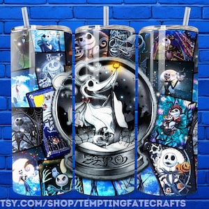 A 3D rendering of a Starbucks cup with a Halloween-themed design featuring characters from the movie " jack Skellington".