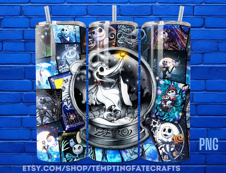 A 3D rendering of a Starbucks cup with a Halloween-themed design featuring characters from the movie " jack Skellington".