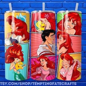 three colorful tumblers with illustrations of characters from the Disney animated film "The Little Mermaid".