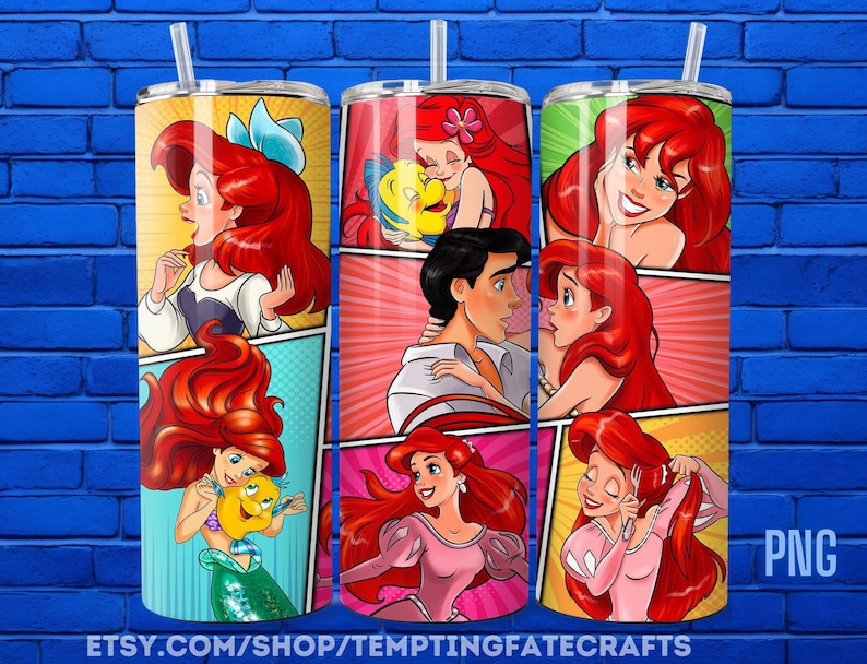 three colorful tumblers with illustrations of characters from the Disney animated film "The Little Mermaid".