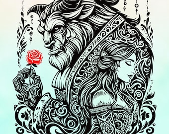 May include: Black and white illustration of a beast and a woman with a red rose. The beast is holding the rose. The woman has long hair and is wearing a dress. The image has the text "SVG+PNG+EPS+PDF".