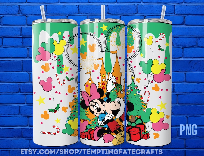 A collage of three colorful tumblers featuring Minnie Mouse and Mickey Mouse characters, along with various Disney-themed elements such as snowflakes, stars, and presents.