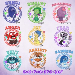 May include: A digital graphic featuring nine circular emblems, each containing a character from Inside Out with a checkered border. The characters are Ennui, Disgust, Embarrassment, Anger, Joy, Fear, Envy, Anxiety, and Sadness. Text reads SVG+PNG+EPS+DXF.