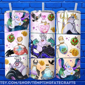 A collection of illustrations featuring characters from the Disney animated film "The Little Mermaid", including Ursula, Ariel, and other mermaid-like figures.