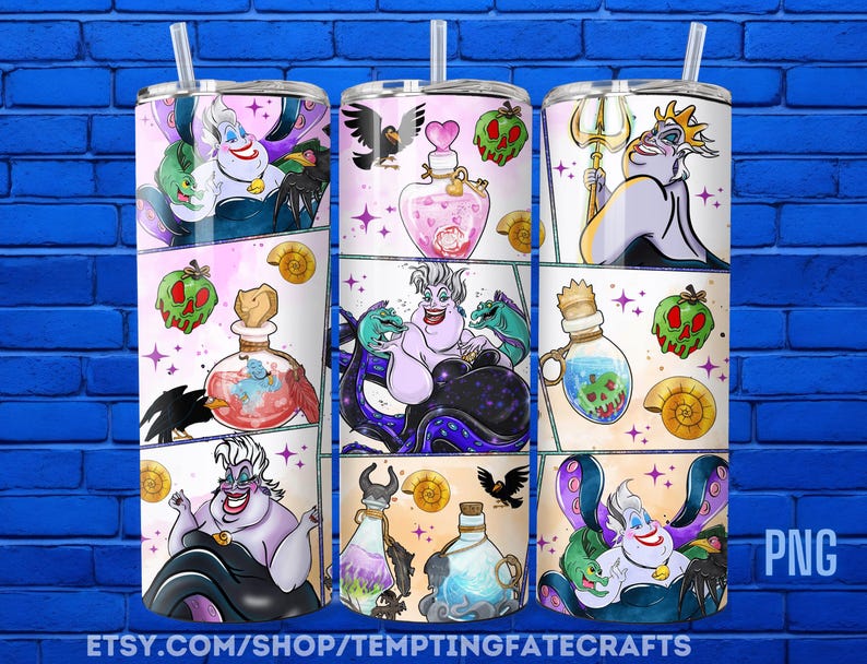 A collection of illustrations featuring characters from the Disney animated film "The Little Mermaid", including Ursula, Ariel, and other mermaid-like figures.