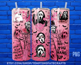 Vaso delgado con purpurina de 20 oz con cara de fantasma de terror rosa divertido, vaso de 20 oz con personaje de película PNG, envoltura para vaso de Halloween de terror
