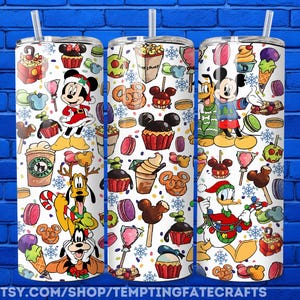 A collage of three colorful tumblers featuring various Disney characters and desserts, such as Mickey Mouse, Minnie Mouse, Goofy, Donald Duck, and other iconic Disney characters and treats.