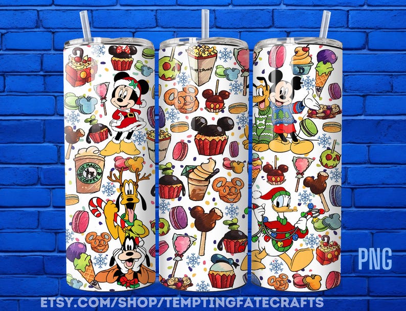 A collage of three colorful tumblers featuring various Disney characters and desserts, such as Mickey Mouse, Minnie Mouse, Goofy, Donald Duck, and other iconic Disney characters and treats.