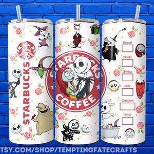 A Starbucks coffee can with various characters and designs related to the movie " jack Skellington".