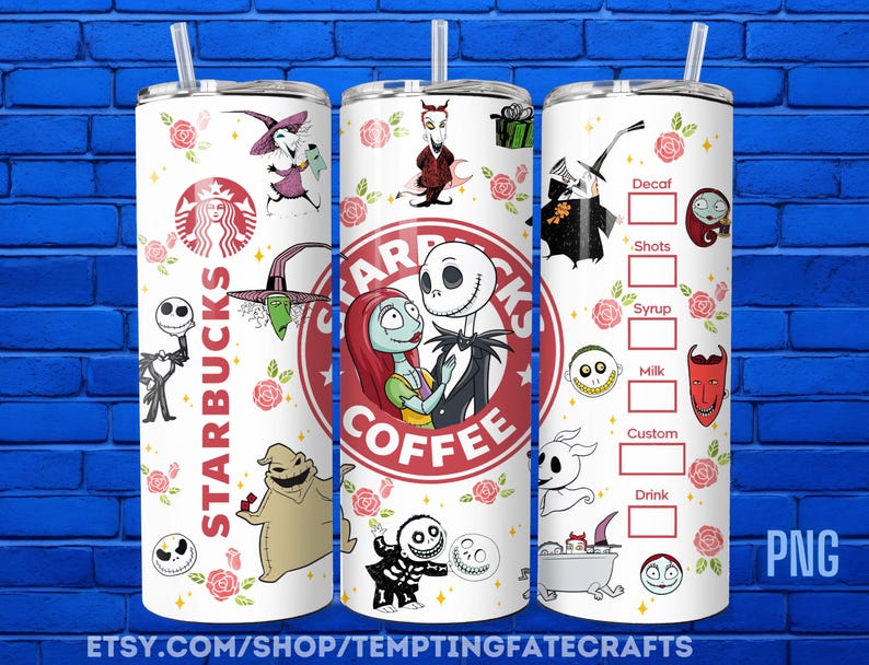 A Starbucks coffee can with various characters and designs related to the movie " jack Skellington".
