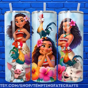 A collage of three cylindrical tumblers featuring illustrations of various Disney princesses and animals, including Moana, Miki, and Pico Pig.