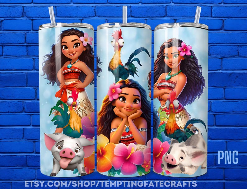 A collage of three cylindrical tumblers featuring illustrations of various Disney princesses and animals, including Moana, Miki, and Pico Pig.