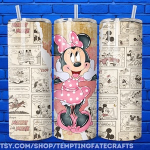 A collage of three cylindrical tumblers featuring Minnie Mouse and various comic strip panels.