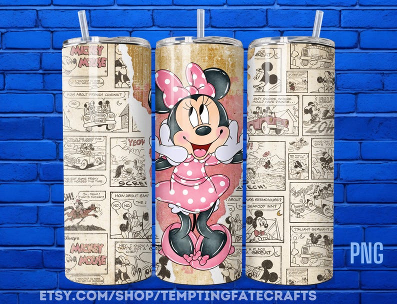 A collage of three cylindrical tumblers featuring Minnie Mouse and various comic strip panels.