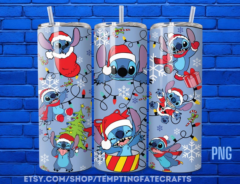 A collection of three cylindrical tumblers with Christmas-themed designs featuring Stitch, a popular character from the Disney animated film "Stitch". The tumblers are decorated with various Christmas-themed elements such as snowflakes, Christmas trees, and presents.