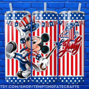 A collage of three images featuring Mickey Mouse and the 4th of July theme, with red, white, and blue colors and patriotic symbols.