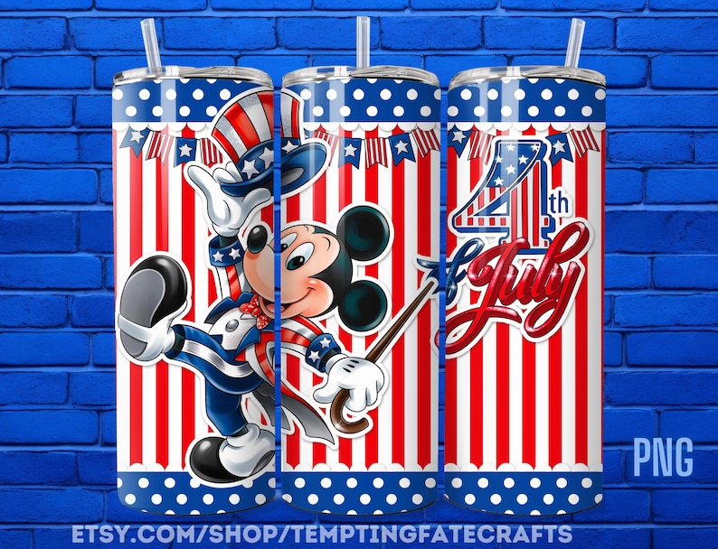 A collage of three images featuring Mickey Mouse and the 4th of July theme, with red, white, and blue colors and patriotic symbols.