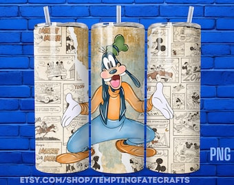 Vaso térmico retro Goofy de 20 oz, plantilla de diseño para sublimación de Mickey Mouse, tira cómica de Mickey en formato PNG