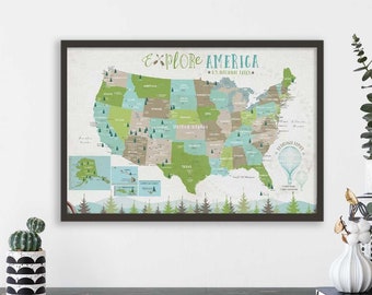 US National Park Map, National Park Poster, National Parks Map for Kids, National Park Maps, Push Pin Map, Personalized Map, Many Sizes, WVS