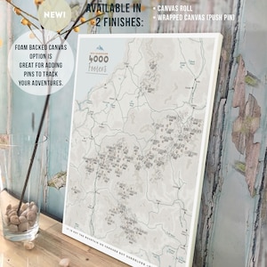 New Hampshire Map, NH 4000 Footer, 48 Peaks, Hiking Gifts, New England Mountains, Push Pin Board, Personalized