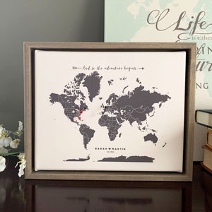 Push Pin Map, Custom Map Gift, Travel Memories Gift, Custom Wedding Map, World Map Push Pin, World Map Canvas, Many Sizes Deep Charcoal