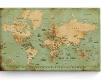 World Map with Countries, World Map Canvas, Push Pin canvas, Push Pin Travel Map with pins, Anniversary gift for parents