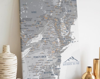 NorthEast Ski Resorts Map: Personalized Push Pin Canvas Art, Snowboarding Gift Wall Art