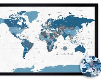 World Map, World Map with Countries, Push Pin map, Personalized World Maps, Pin Board Travel Gift, World Map Art Print, Map Wall Art