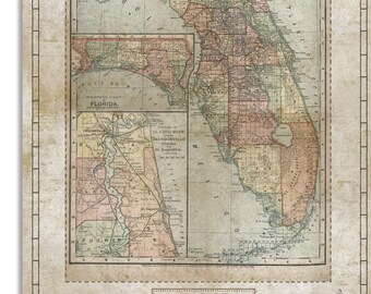 Map of Florida, Florida Vintage Style Map, Florida Travel map, Canvas Wall Art, Gift for, Travel Gifts Gift for Him, Retirement Gifts