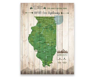 Illinois State Art, State Map of Illinois, State print with parks, State Park Map, Parks and Rec, Park Checklist, Hiker gift, Push Pin board