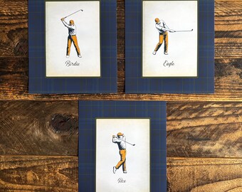 Vintage Golfer Print Set, Scottish Tartan Border, Golf Gift