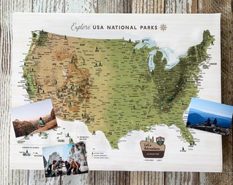 National Parks Map, Canvas Push Pin Board, Map of US With National Parks, Monuments and Trails, Travel Gifts, Map of USA, Personalized Gift