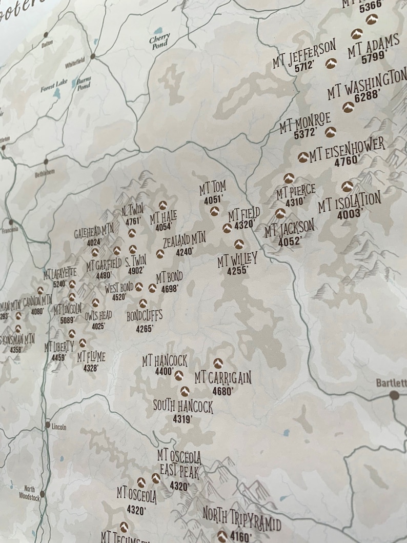 May include: A map of the White Mountains in New Hampshire, showing the names and elevations of various mountains, including Mount Washington, Mount Adams, Mount Jefferson, Mount Monroe, Mount Eisenhower, Mount Isolation, Mount Tom, Mount Field, Mount Willey, Mount Pierce, Mount Jackson, Mount Hale, Mount Garfield, Mount Lafayette, Mount Cannon, Mount Kinsman, Mount Lincoln, Mount Liberty, Mount Flume, Mount Hancock, Mount Carrigan, South Hancock, Mount Osceola, Mount Tecumseh, and North Tripyramid.