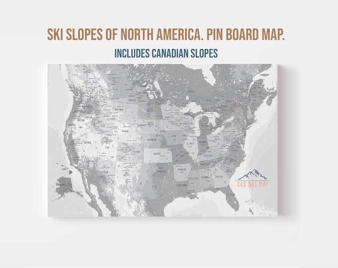 North America Ski Slopes Pin Board Map - Includes Canadian Slopes
