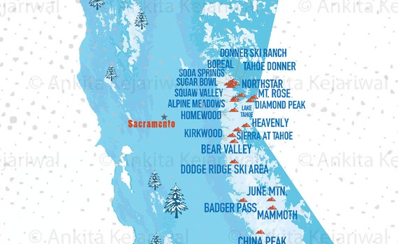 california ski resorts map Ski Map Resorts Map For Skiers California Ski Map Gift For Etsy california ski resorts map