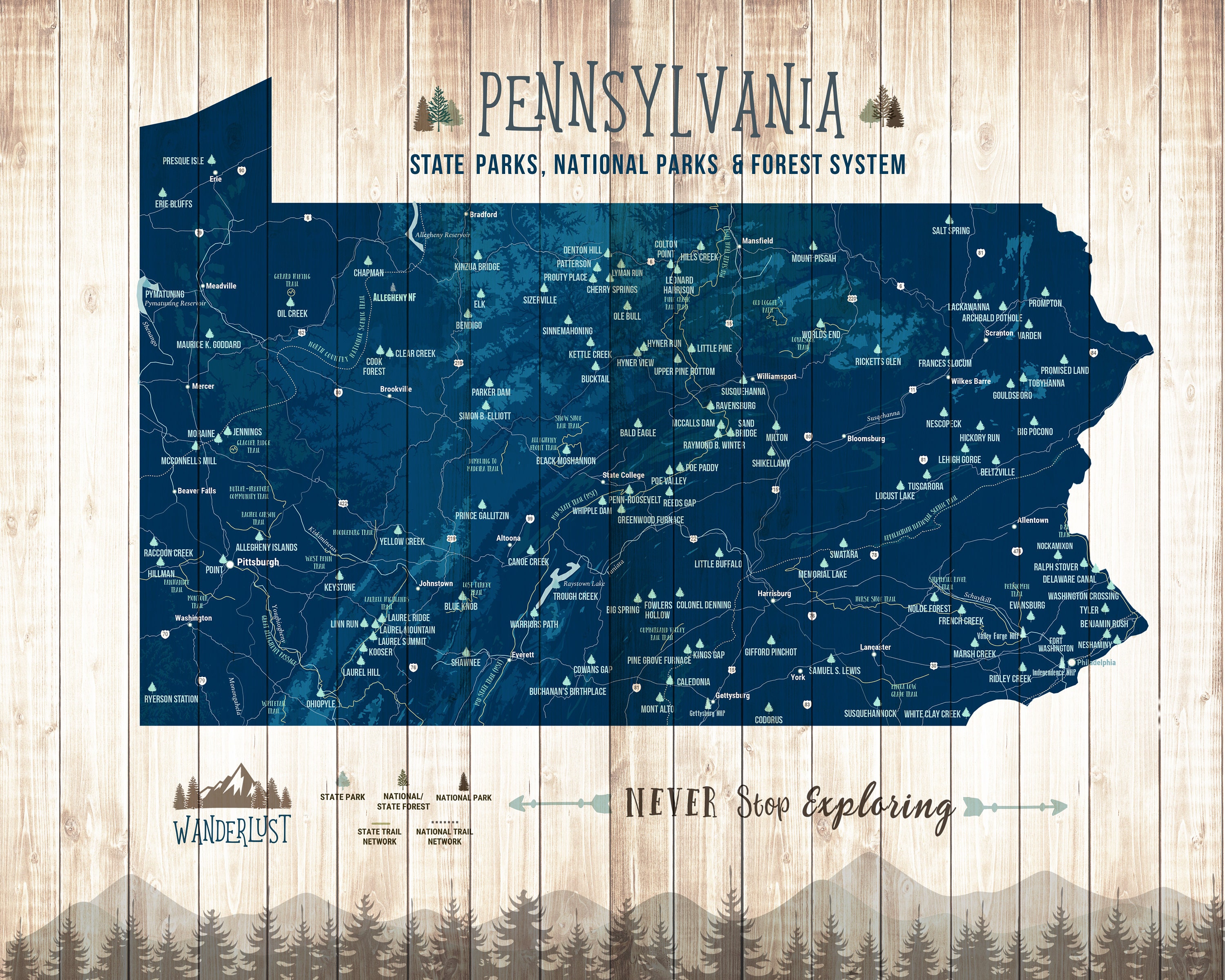 Pa State Parks Map Pennsylvania Print Pennsylvania Map State Wall Art State | Etsy