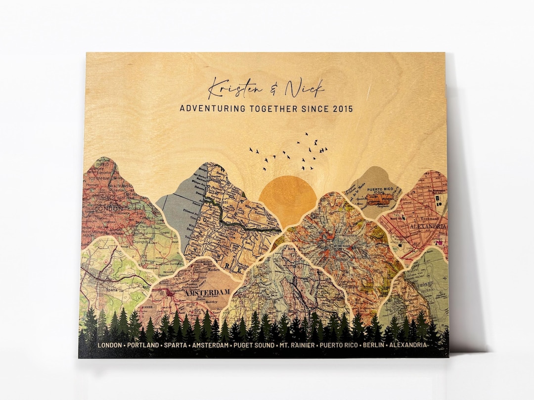 Personalized Vintage Map Mountain Art: 5th Anniversary Wood Gift - Etsy
