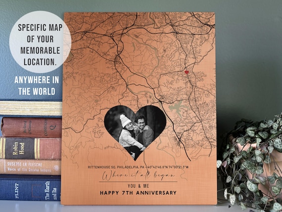 Gift for Husband for 7th Anniversary, Custom Location Map Heart, Copper Gift for Him,  Traditional Aluminum Print, 22nd Anniversary Gift