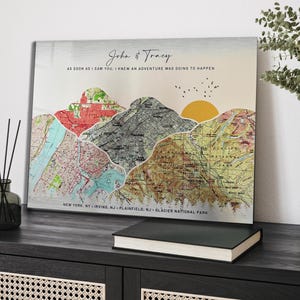 Setting sun and mountains with vintage maps. Anniversary tin gift for 10th milestone