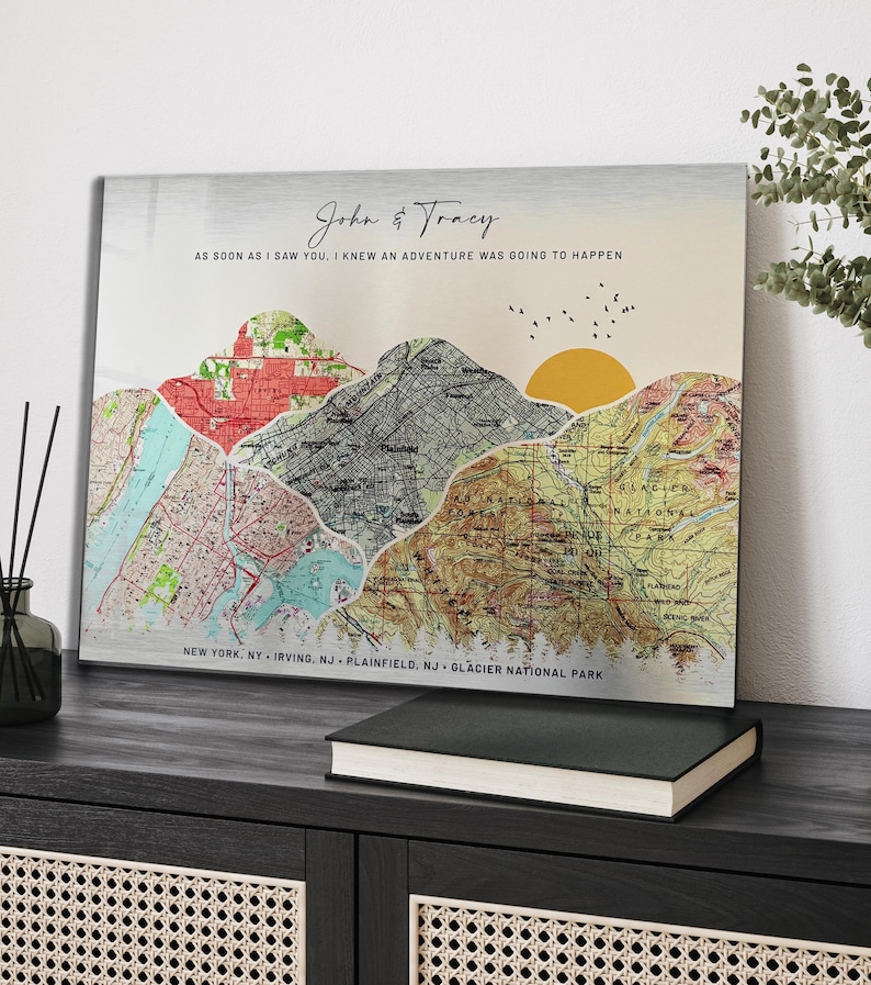 Setting sun and mountains with vintage maps. Anniversary tin gift for 10th milestone
