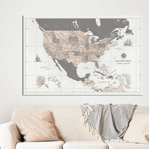 Map of United States, US Travel Map, Push Pin Travel Map, North America Map, Retirement Gifts for Women, Canvas Push Pin Map, Many Sizes