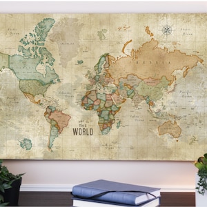 World Map with Countries, World Map Pin Board, Push Pin Map Canvas, World Map Push Pin, Globetrotter Gift for Home Office, Rustic Explorer