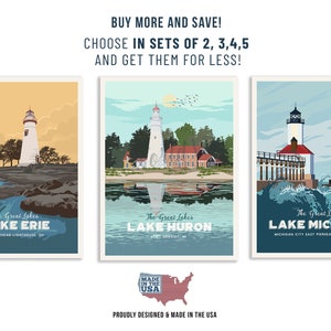 Great Lakes, Lake House Decor, Sets of Posters, Vintage Poster Set, Mix and Match, Lighthouse Wall Art, Lake Huron, Lake Superior, Unframed