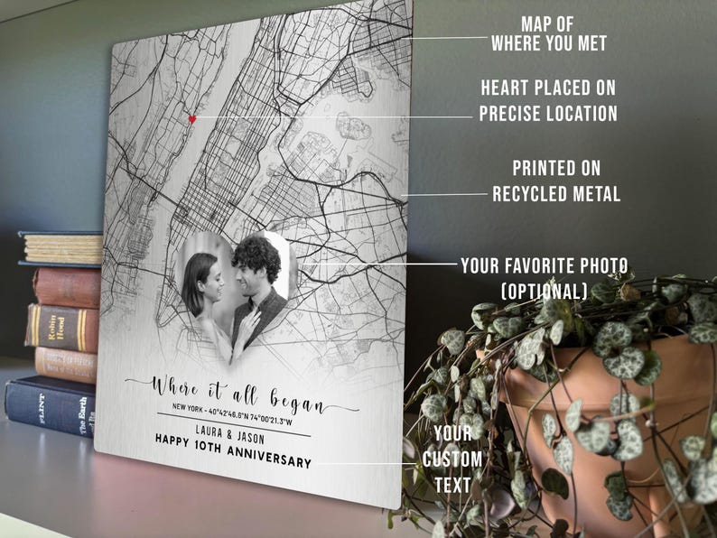 May include: A personalized metal map print featuring a couple's photo and the text "Where it all began." The map highlights a specific location with a heart, printed on recycled metal. Includes custom text and is ideal for anniversaries.