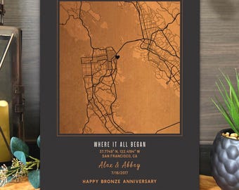 Traditional 8th anniversary gift, 8th Anniversary Gift for Him – Custom Bronze City Map on Metal, Gift for Wife, Where We Met Art