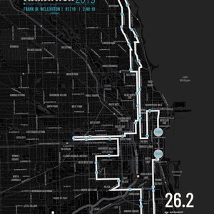 May include: A map of the 2019 Chicago Marathon route, with the course highlighted in white against a dark gray background. The text "CHICAGO MARATHON 2019" is at the top, with the runner's name, bib number, and finish time. The total distance is 26.2 miles.